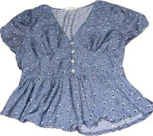 Hint of Blush Blue Floral Button-Front Peplum Top with Smocked Back